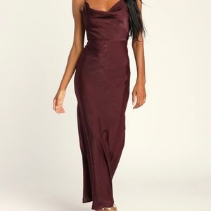 NWT Lulus Exquisite Evening Plum Purple Satin Cowl Neck Maxi Dress size M